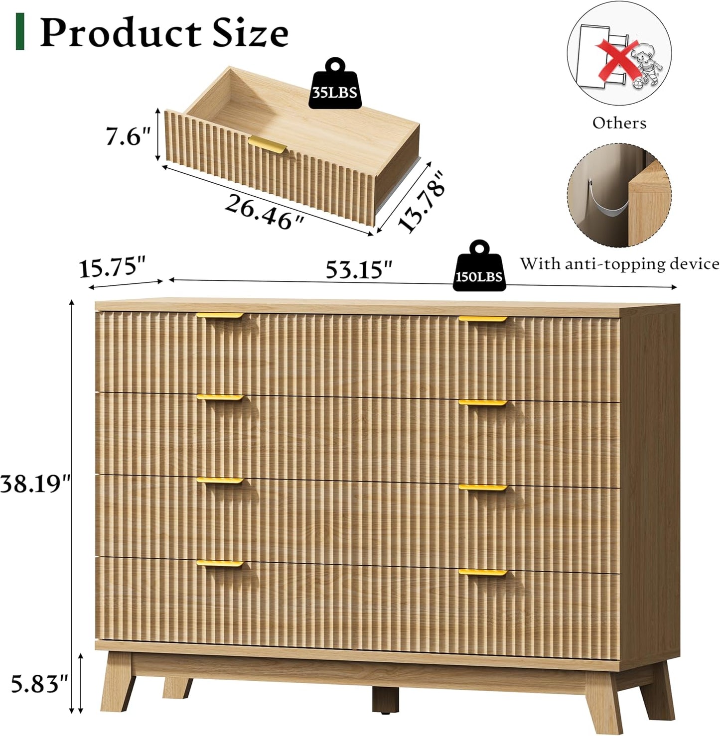 Fluted Dresser with 8 Drawers, 54" Wide Modern Chest of Drawers with Metal Handle, Wooden Dresser