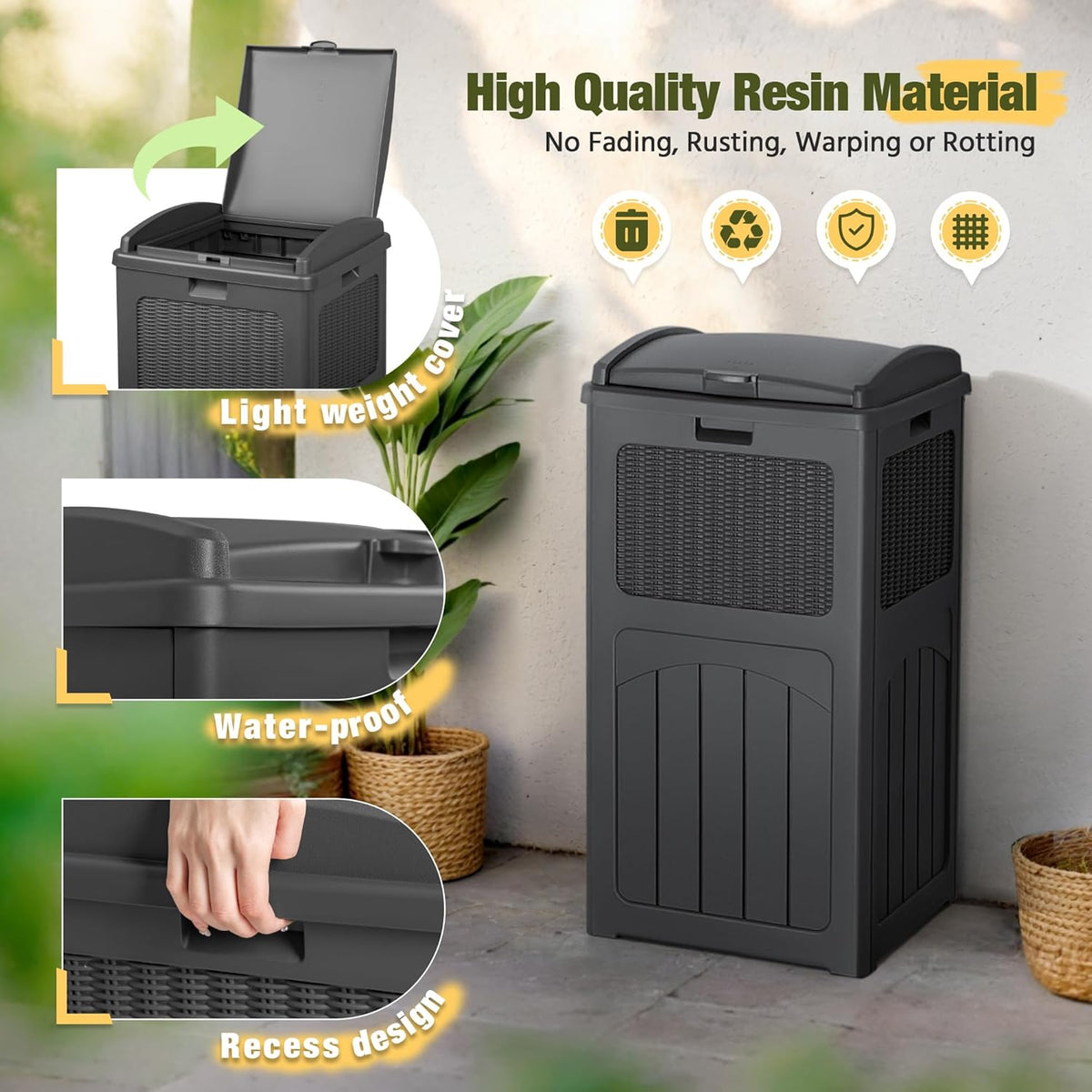 Devoko 33 Gallon Outdoor Trash Can, Hideaway Garbage Bins with Tiered Lid, Waterproof Resin Outside