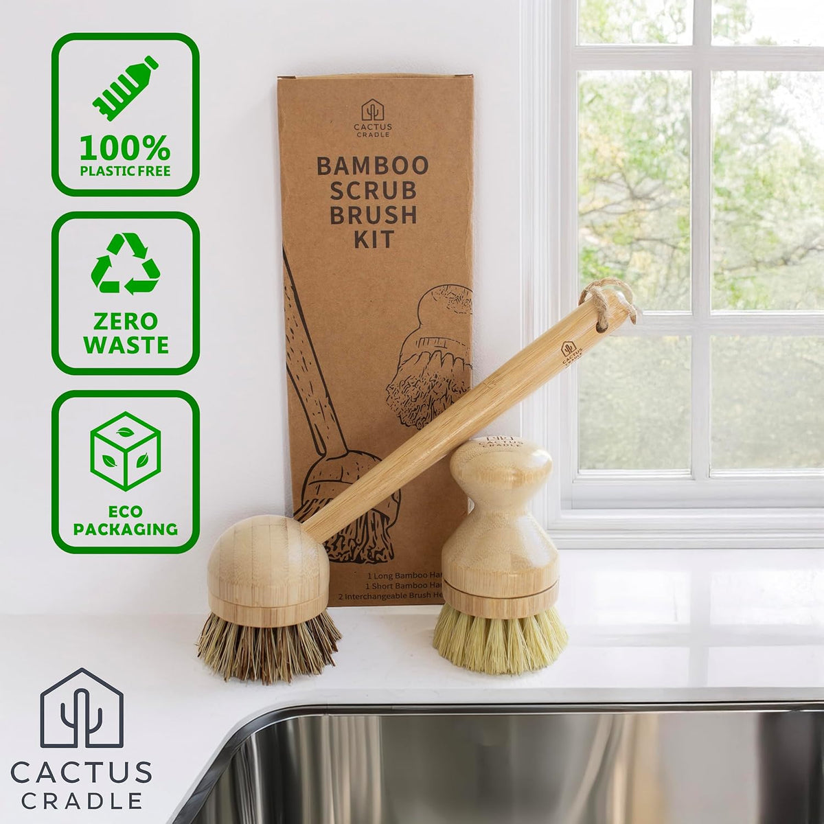 Cactus Cradle Bamboo Scrub Brush Kit – 4-Piece Dish Brush Set with 2 Handles & 2 Interchangeable