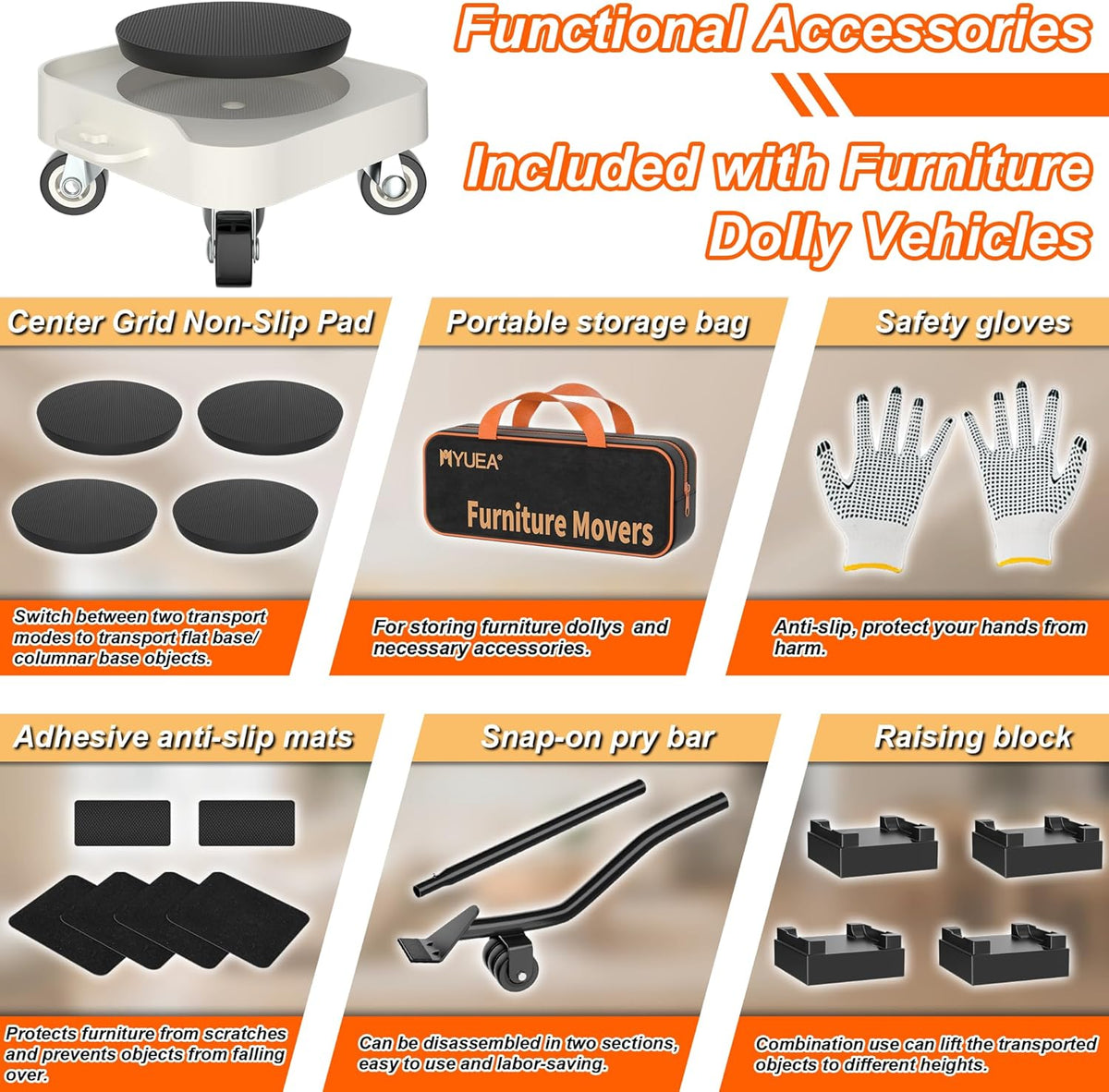 MUEA Furniture Dolly,Heavy-Duty Furniture Movers with Removable Center Pad,Non-Slip L-Edge & TPR