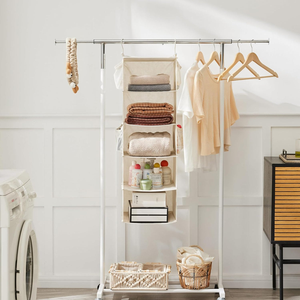 MAX Houser 5 Shelf Hanging Closet Organizer, Space Saver, Cloth Hanging Shelves with 4 Side