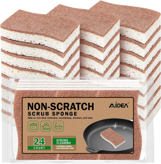 AIDEA Sponges Non Scratch, 24Count, Natural Sponge for Non Stick Cookware, Sponges Kitchen