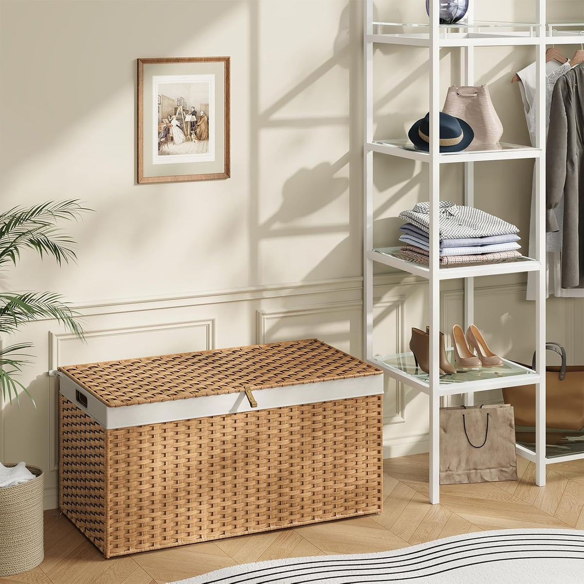 HOOBRO Storage Basket with Lid, 52.8 Gallon (200L) Wicker Basket, Handwoven Blanket Storage Basket