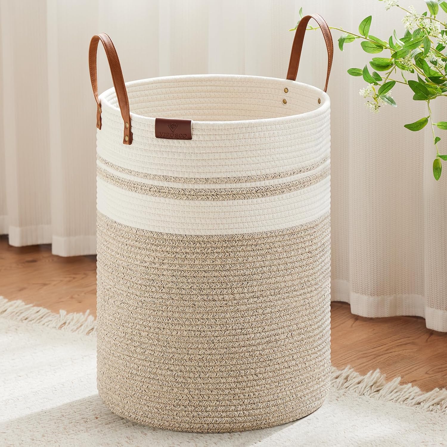 VIPOSCO Tall Laundry Basket, Large Dirty Clothes Hamper with Leather Handle, Woven Rope Storage
