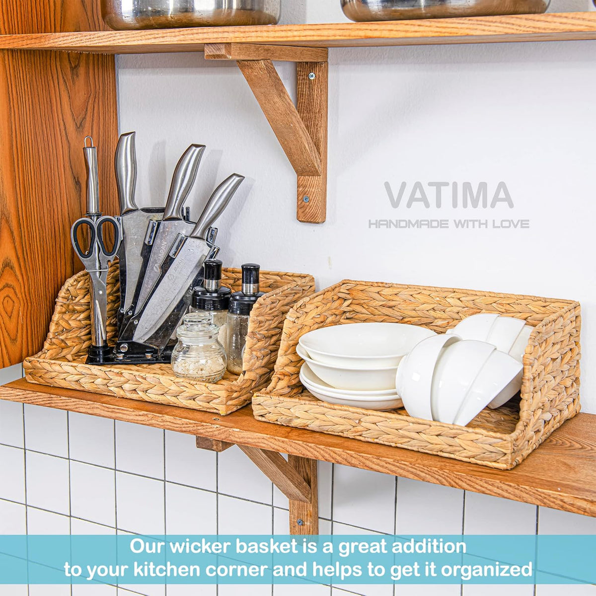 VATIMA Water Hyacinth Storage Baskets with Large Open-Front for Kitchen, Decorative for Living