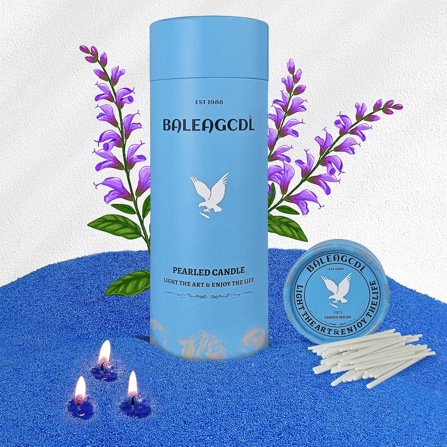 Salvia Scented Blue Pearled Candle 18oz Luxury Sand Candle Granulated Wax - 30 Cotton Wicks - Wax