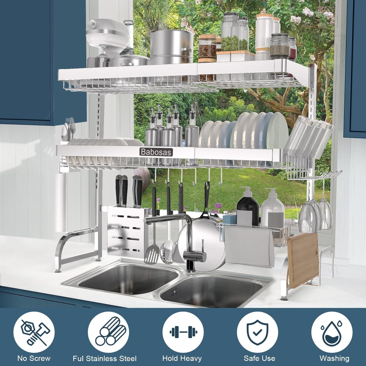 Over The Sink Dish Drying Rack,3 Tier Adjustable Length (25.5'' to 37.4'') Full Stainless Steel