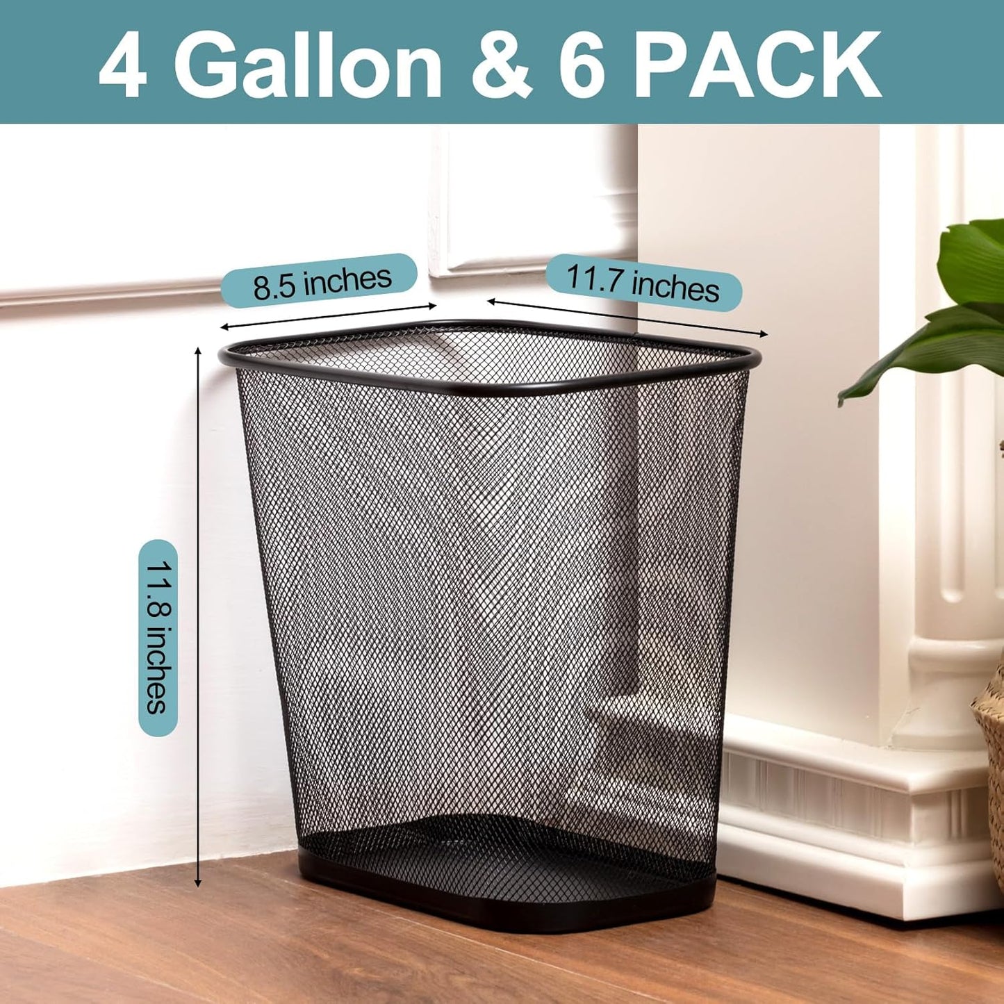 Nuanchu 6 Pcs Mesh Square Trash Cans 4 Gallons Wire Wastebasket for Home Black Metal Office Garbage