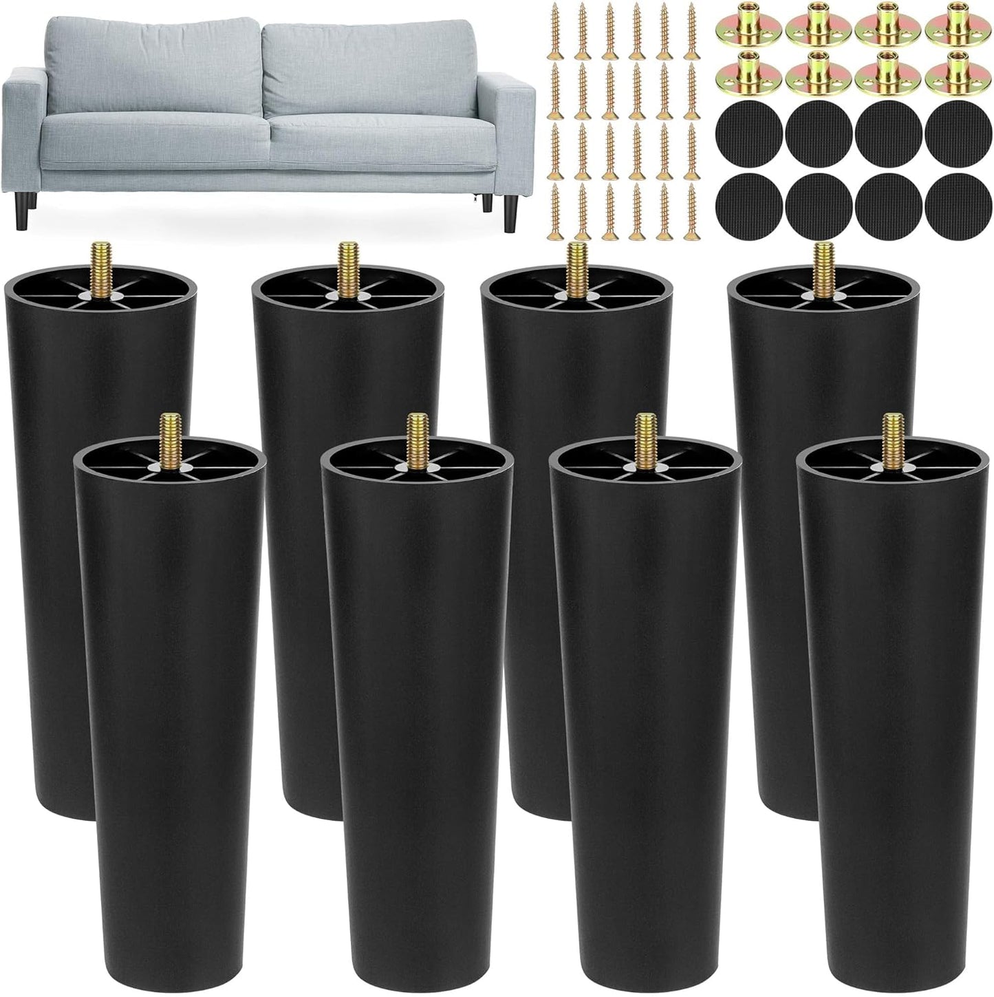 TURSTIN 8 Pack 8 Inch Plastic Furniture Legs with M8 T-Nuts Screws Tapered Sofa Couch and Chair