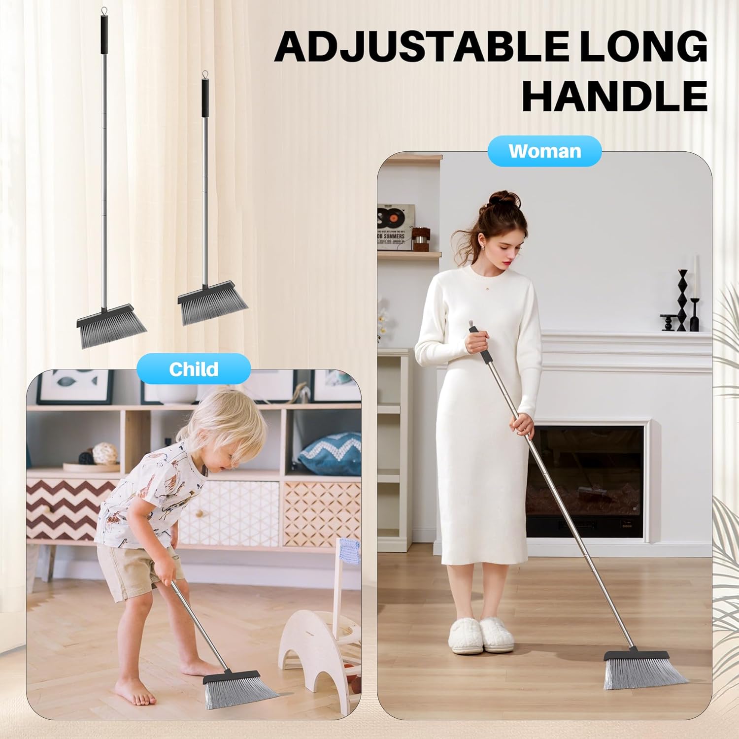 JOYMOOP Black Broom and Dustpan Set, Upright Angle Design with Built-in Comb Teeth for Home