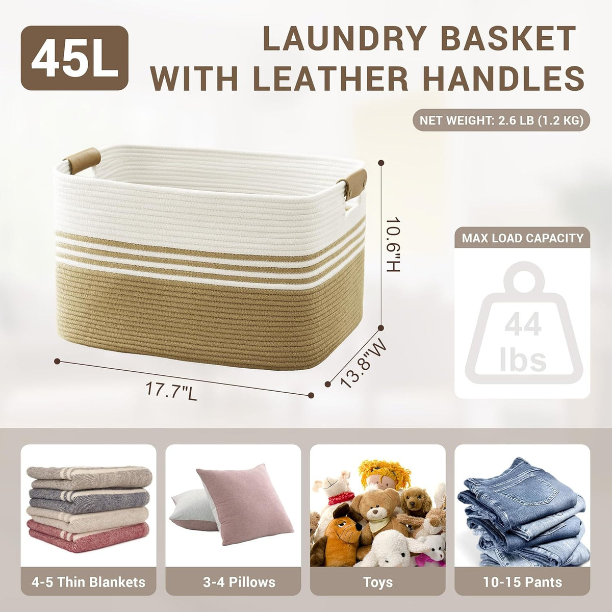45L Small Laundry Basket with Leather Handles for Living Room Storage, Woven Rope Baskets Bin for