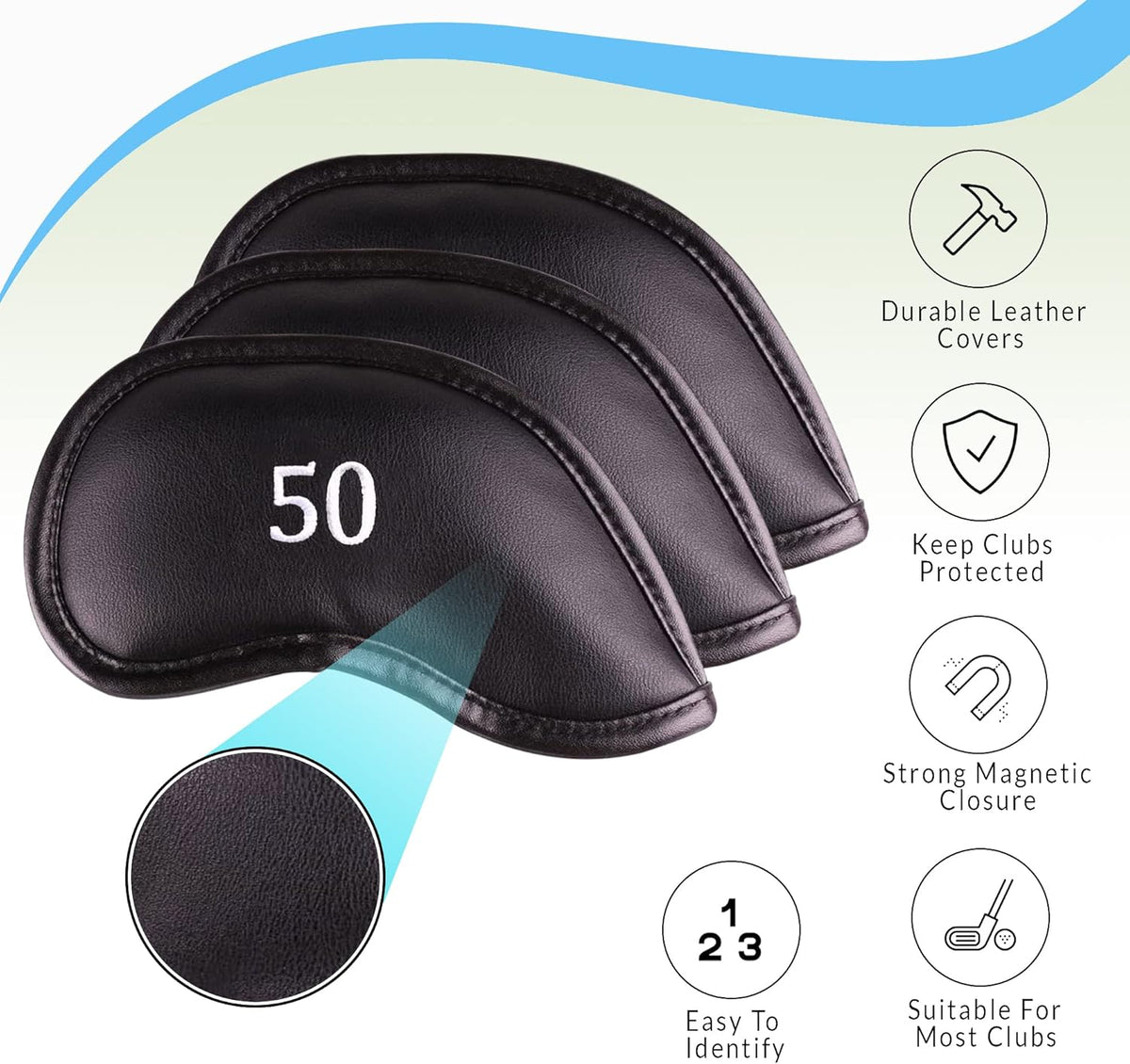 Premium Magnetic Leather Iron and Wedge Golf Club Head Covers | Set of 10 | Fits Most Clubs |