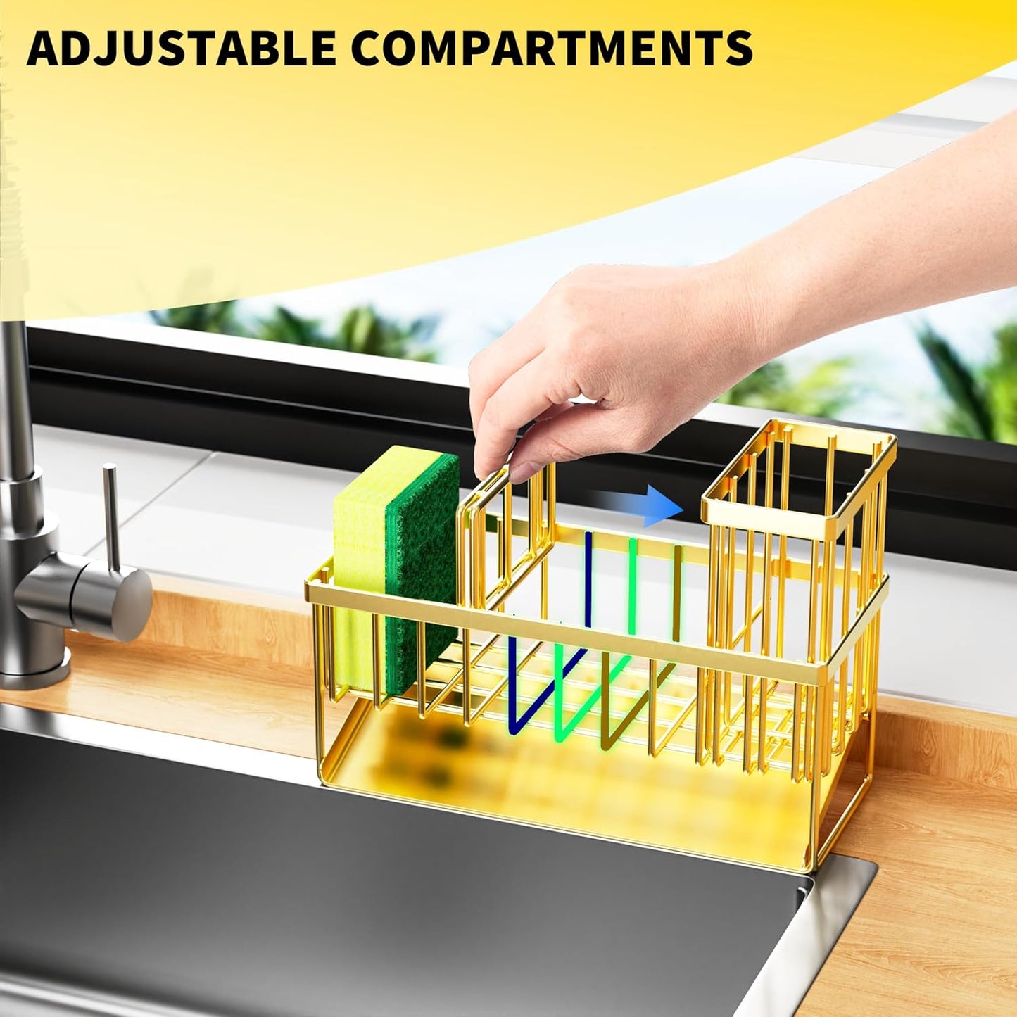 Cisily Gold Kitchen Sink Caddy Organzier with High Brush Holder, Sponge Holder for Sink, 304