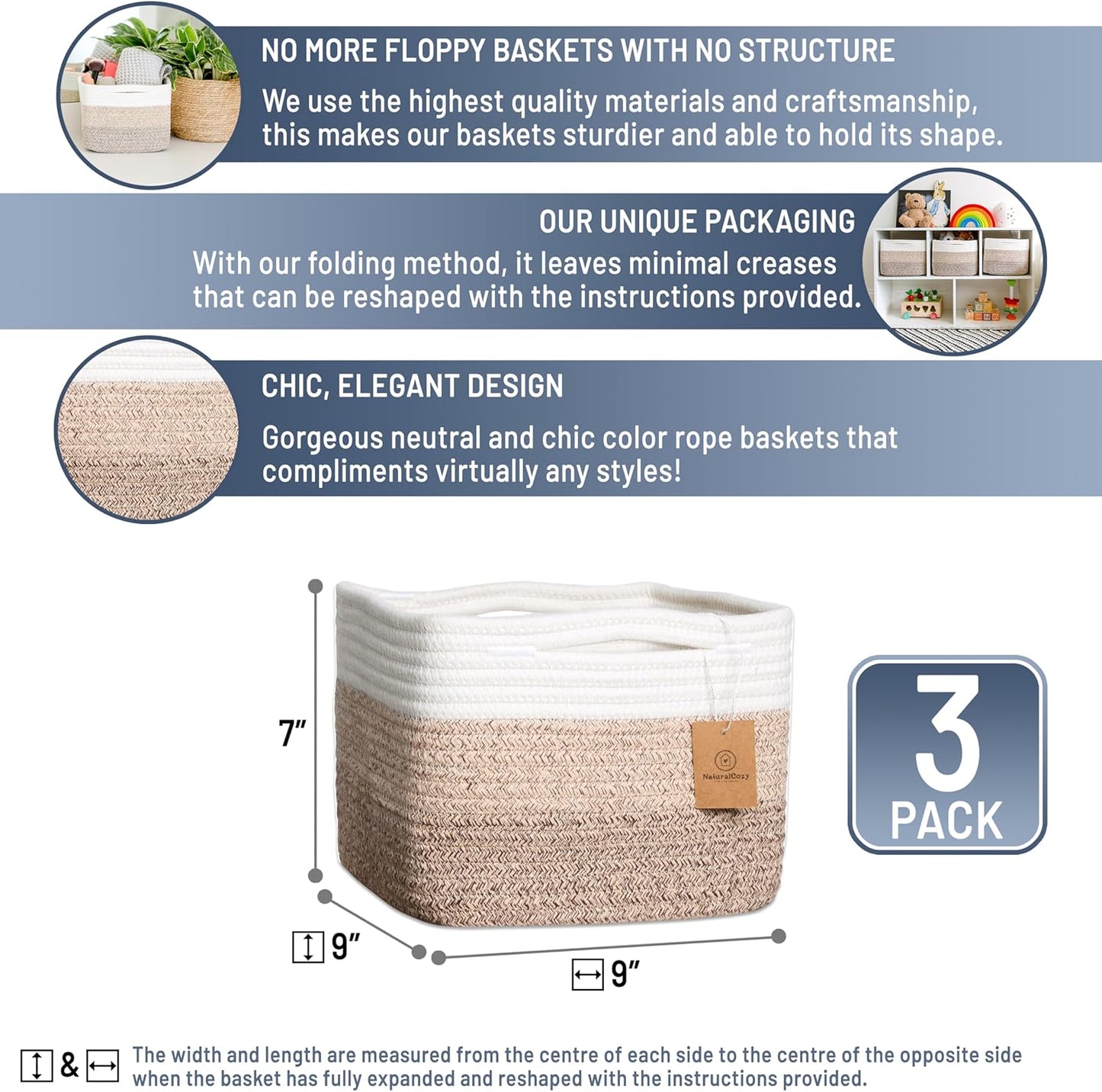 NaturalCozy Storage Cubes 9”x9”x7”Cotton Rope Woven Baskets for Organizing 3-Pack | 9 Inch Cube