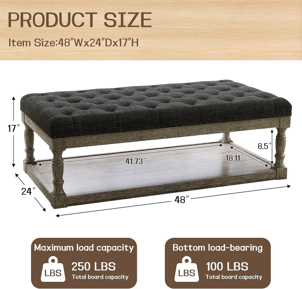 48" Large Ottoman with Storage Coffee Table, Upholstered Tufted Linen Ottoman Bench with Solid Wood
