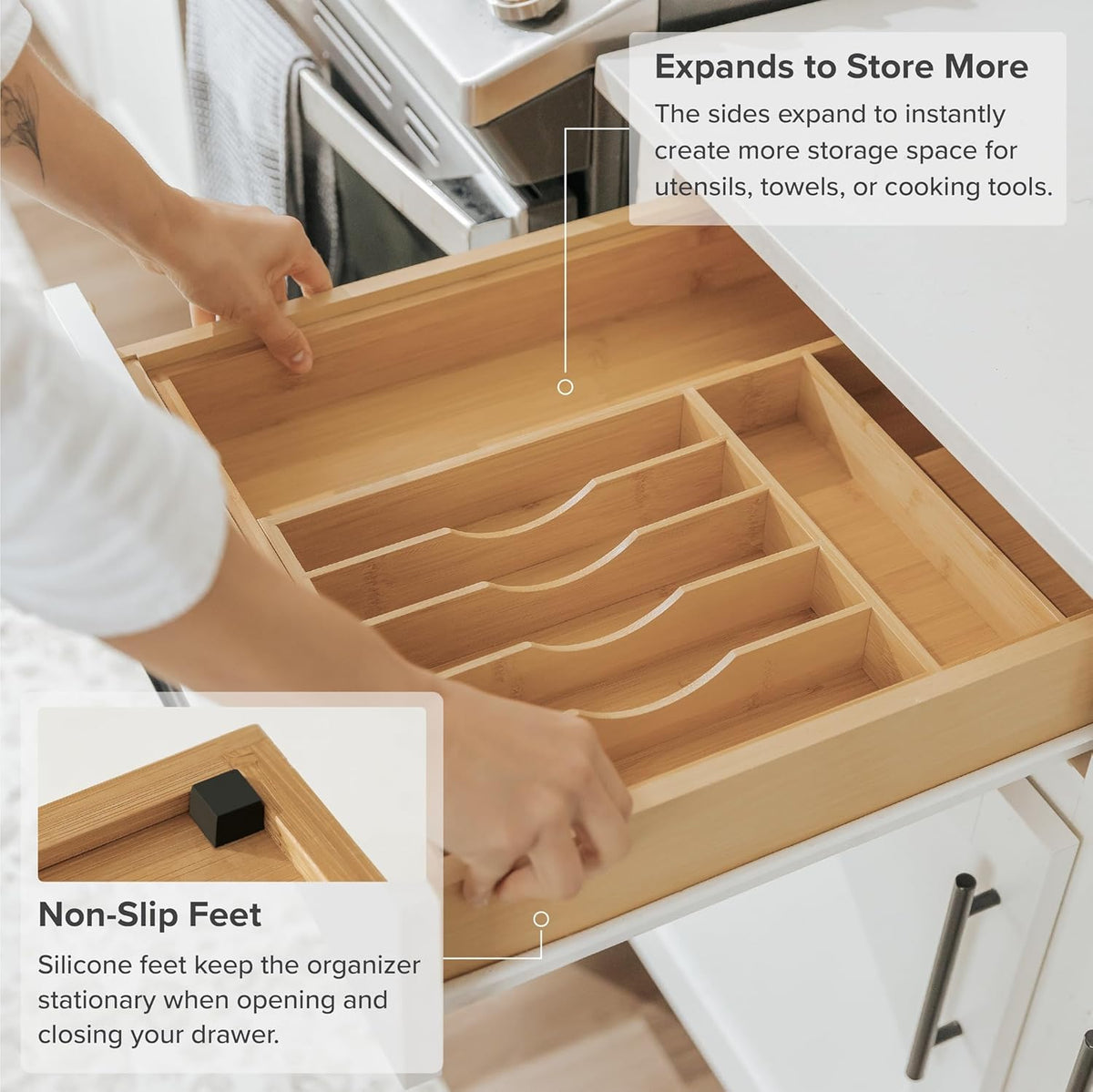 KitchenEdge Premium Silverware, Flatware and Utensil Organizer for Kitchen Drawers, Food-Safe