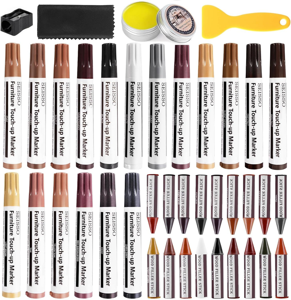 SEISSO Furniture Repair Kit, 18 Colors Touch Up Markers and Wood Filler Sticks with Wood Polish Wax