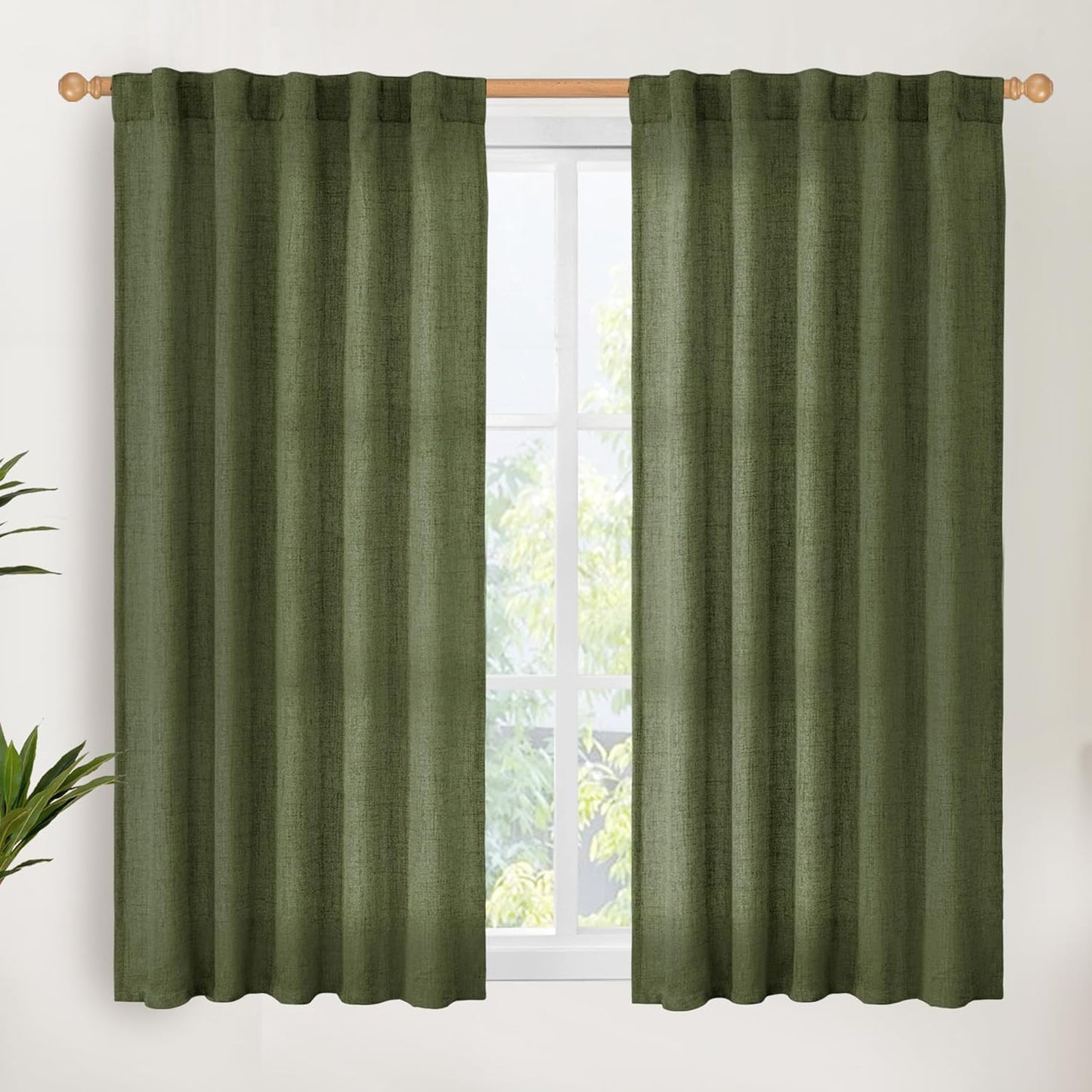 YoungsTex Olive Green Linen Curtains 48 Inch Length for Kitchen, Semi Sheer Small Window Drapes