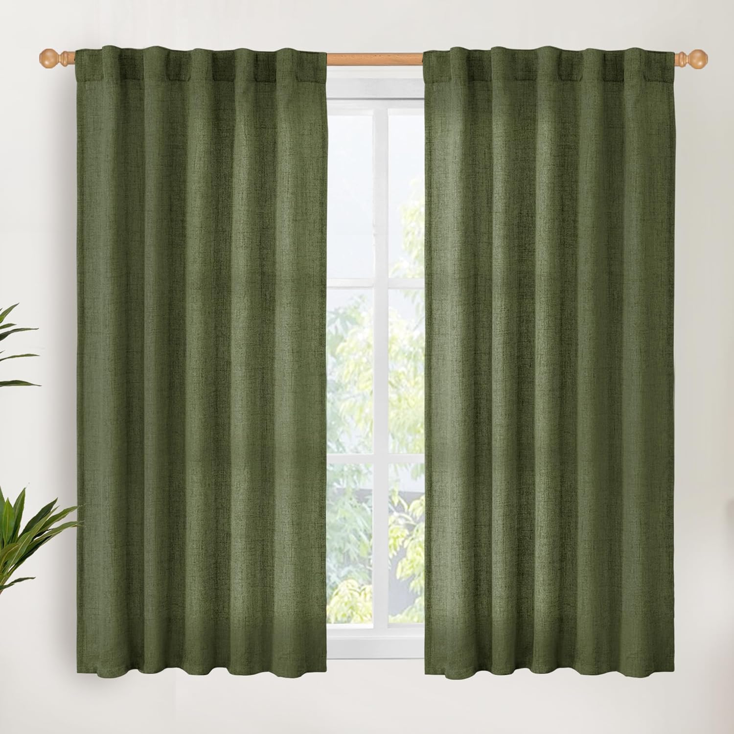 YoungsTex Olive Green Linen Curtains 48 Inch Length for Kitchen, Semi Sheer Small Window Drapes