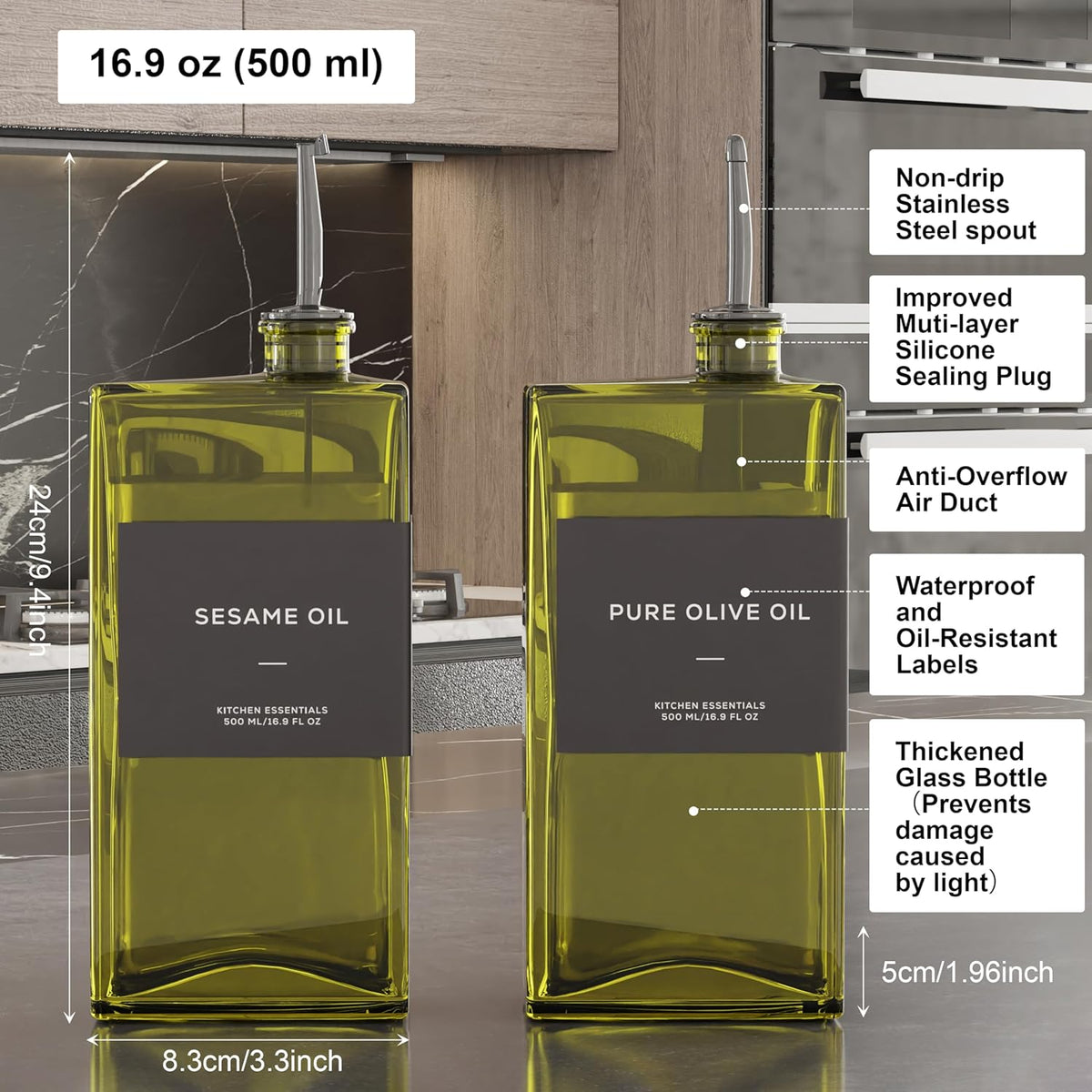 Olive Oil Dispenser for Kitchen, 16.9 oz/ 500 ml Olive Oil Dispenser Bottle, Glass Oil Bottles for