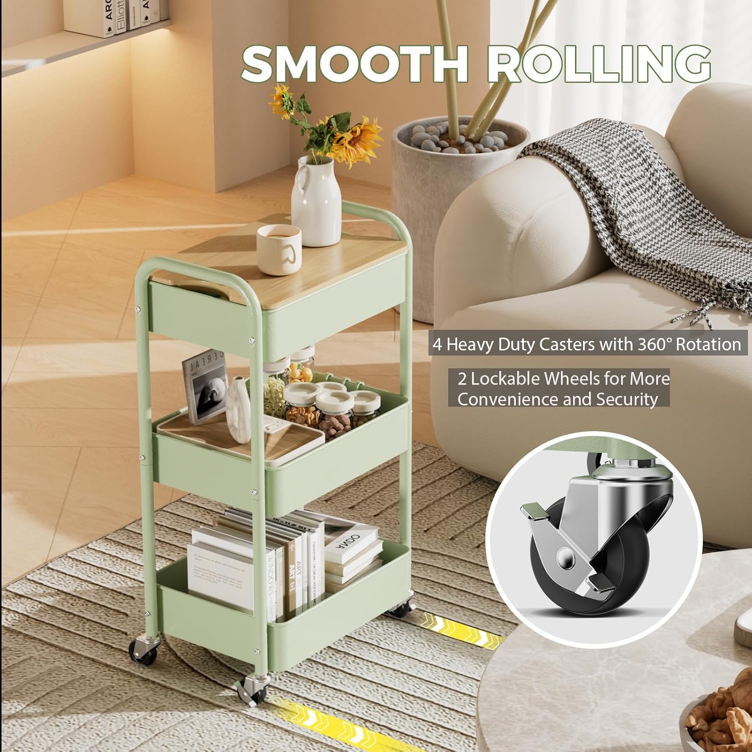 3 Tier Rolling Cart with Table top, Metal Rolling Utility Cart, Sturdy Storage Organizer Cart with