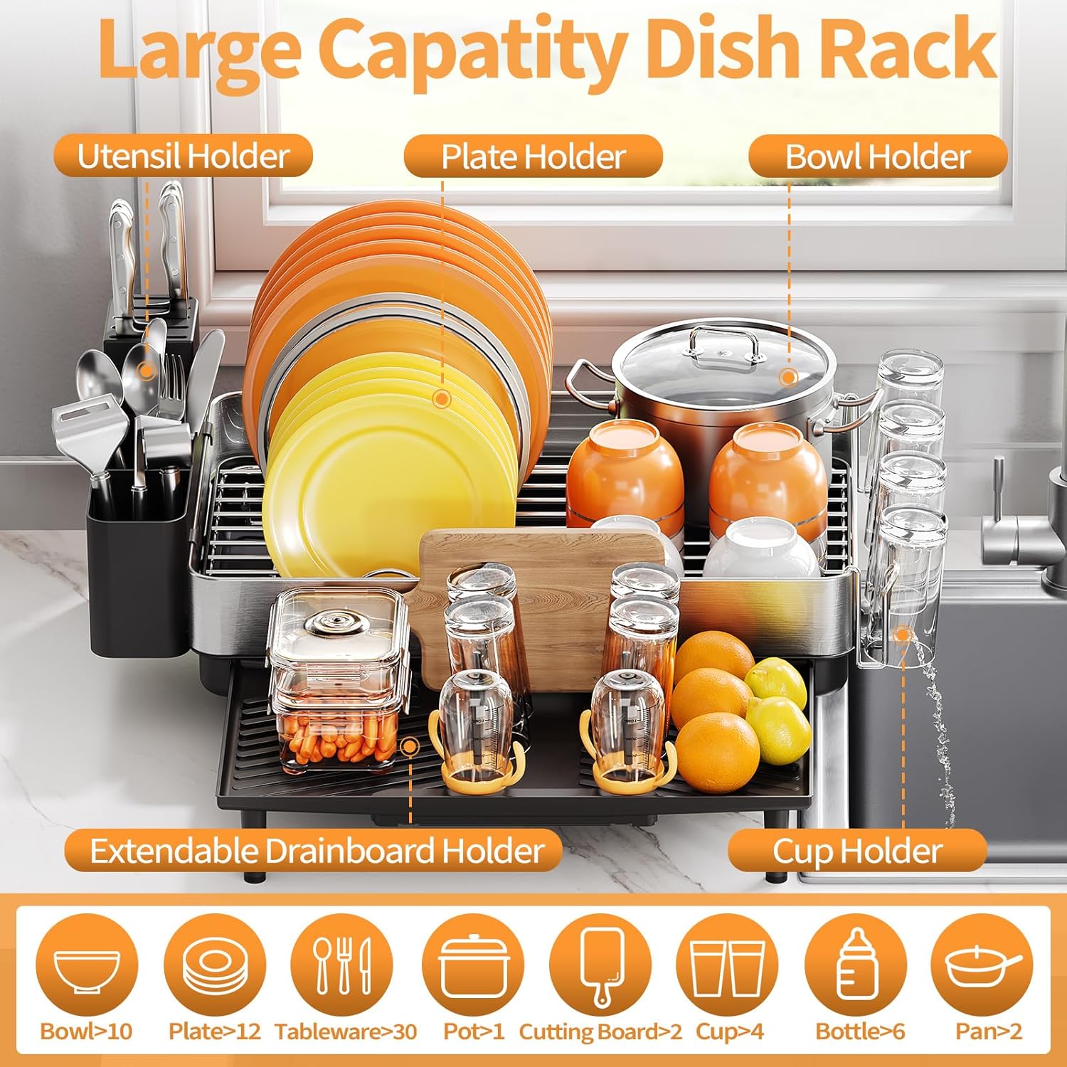 Expandable Dish Drying Rack for Kitchen Counter, 304 Stainless Steel Dish Rack, Multi-Function Dish