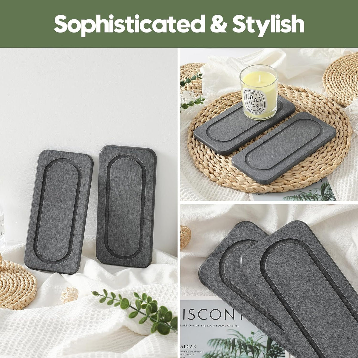 2Pack Diatomite Stone Coasters Water Absorbing Sink Tray for Kitchen & Bathroom Counter, Quick Dry