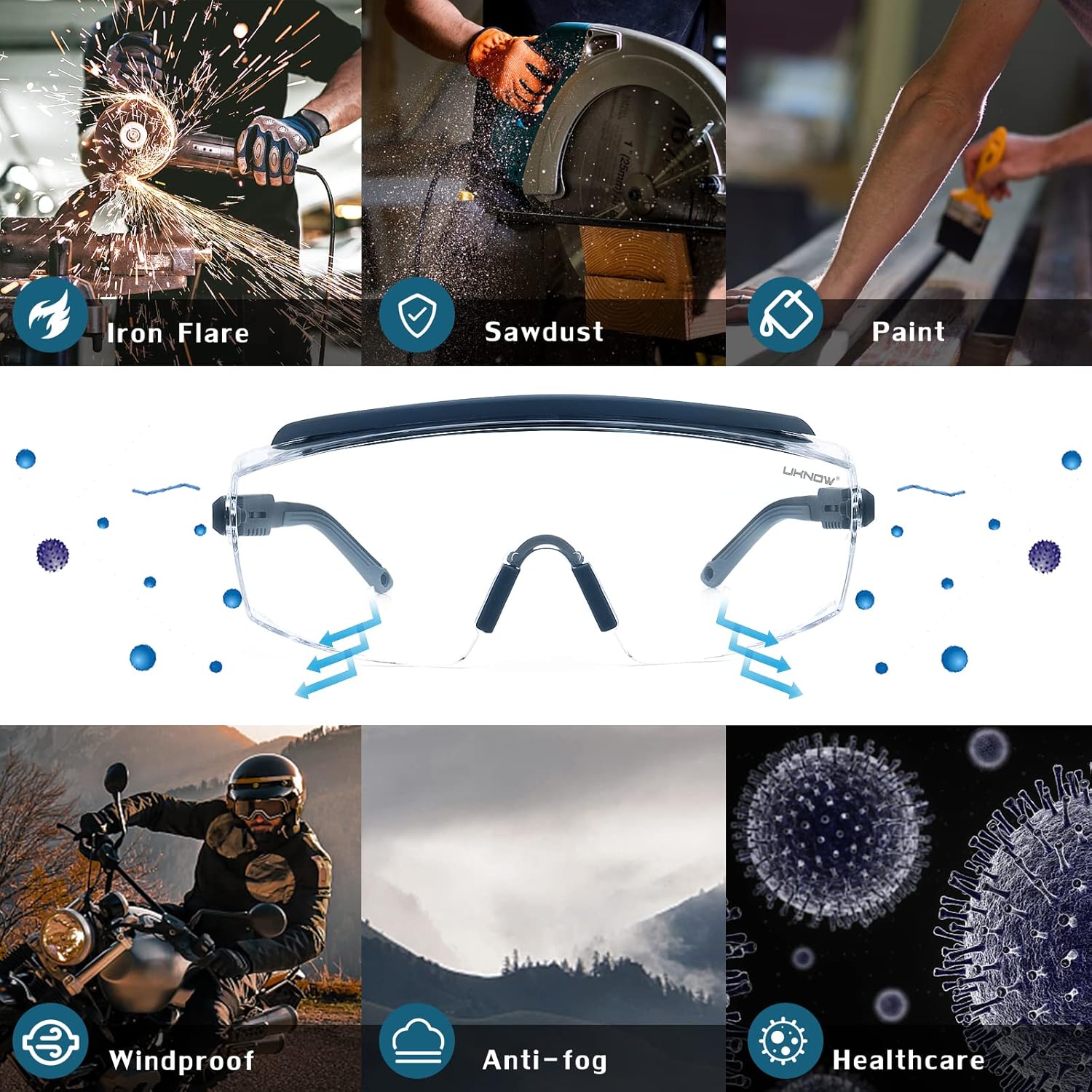 UKNOW Safety Goggles Over Glasses, Safety Glasses Anti Fog Wraparound Eye Protection, Protective