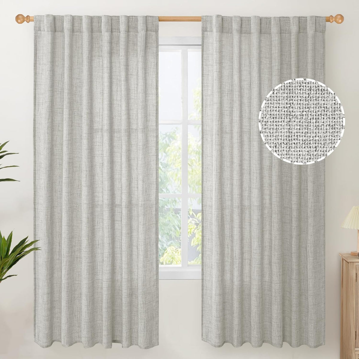 YoungsTex Light Grey Linen Semi Sheer Curtains for Living Room 2 Panels, Textured Light Filtering
