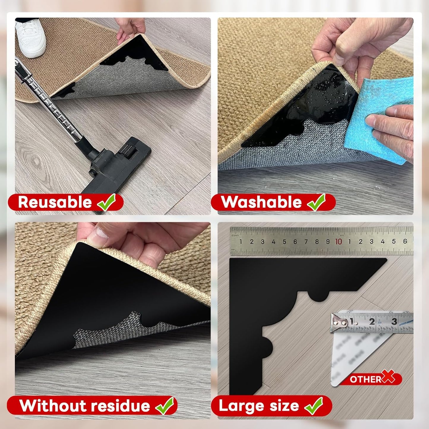 Rug Non Slip Grippers, Reusable Keep Rug Corner Down Tape Pads for Hardwood Floors, Strong Carpet