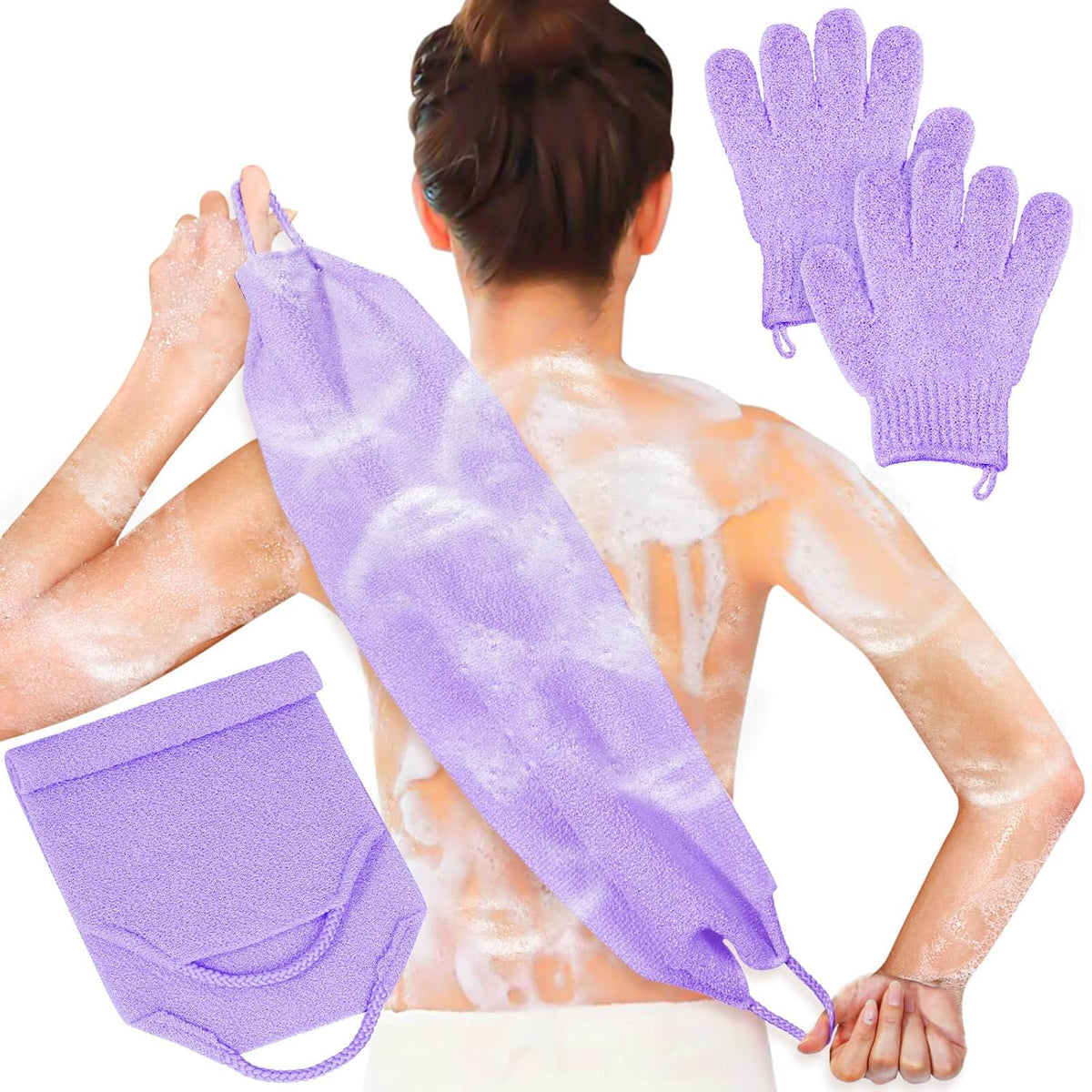 Anezus Exfoliating Back Scrubber Bath Gloves Set, Exfoliating Shower Towel with Shower Gloves for