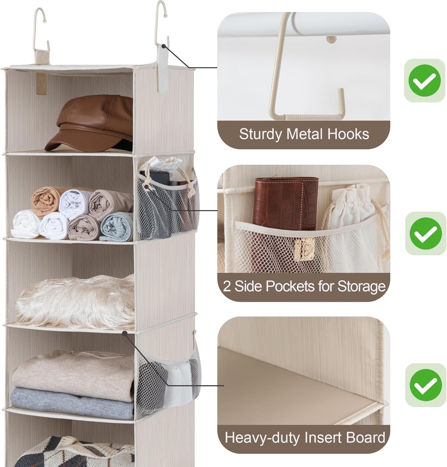 StorageWorks 6-Shelf Hanging Closet Organizer, Hanging Shelves for Closet, Fabric, Mixing of Beige