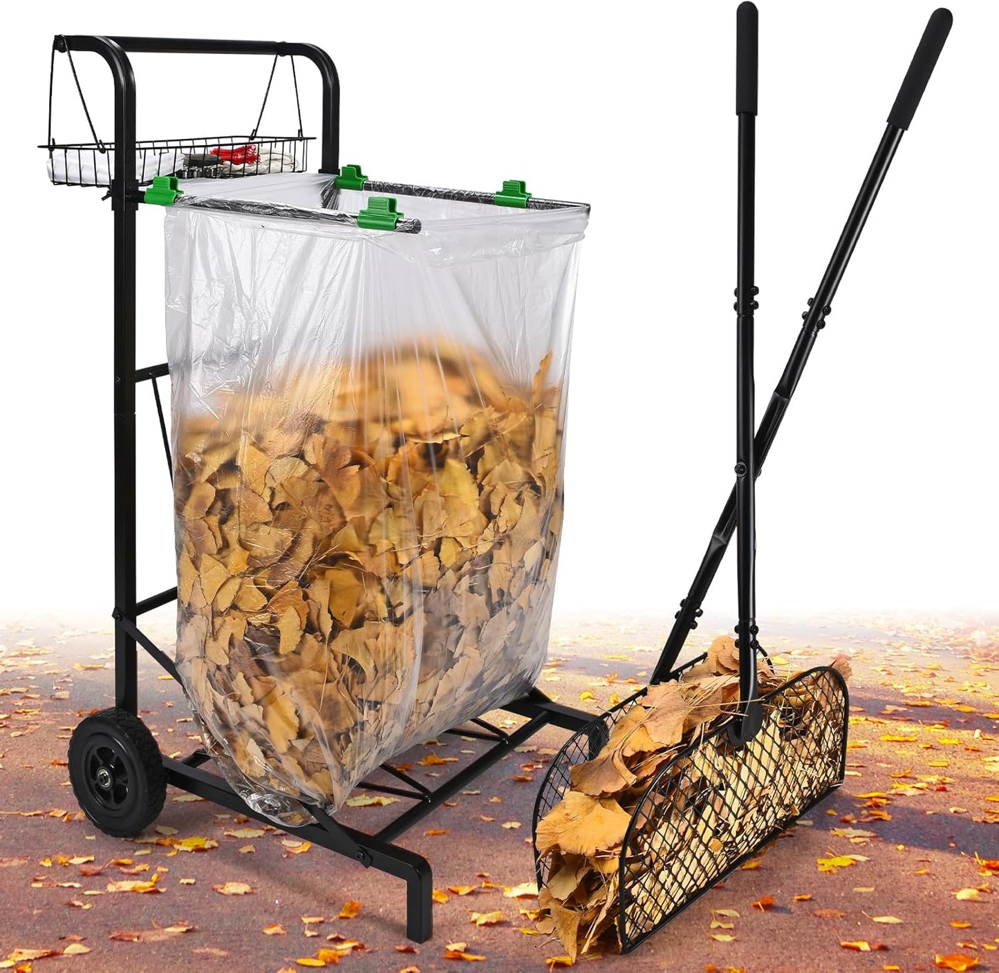 CAROD Mobile Trash Bag Holder with Storage Basket and Ergonomic Handle, Convenient Leaf Bag Cart