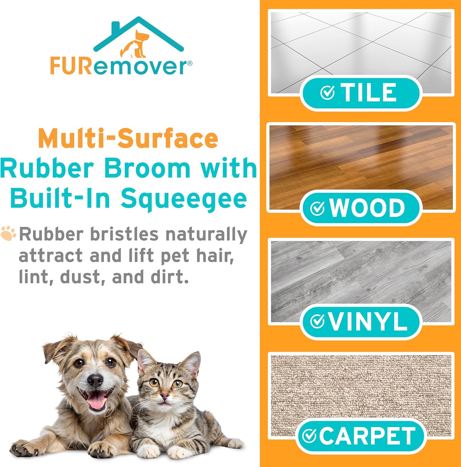 FURemover Original Plus Pet Hair Rubber Broom with Squeegee, with 61" Telescopic Handle for Carpet