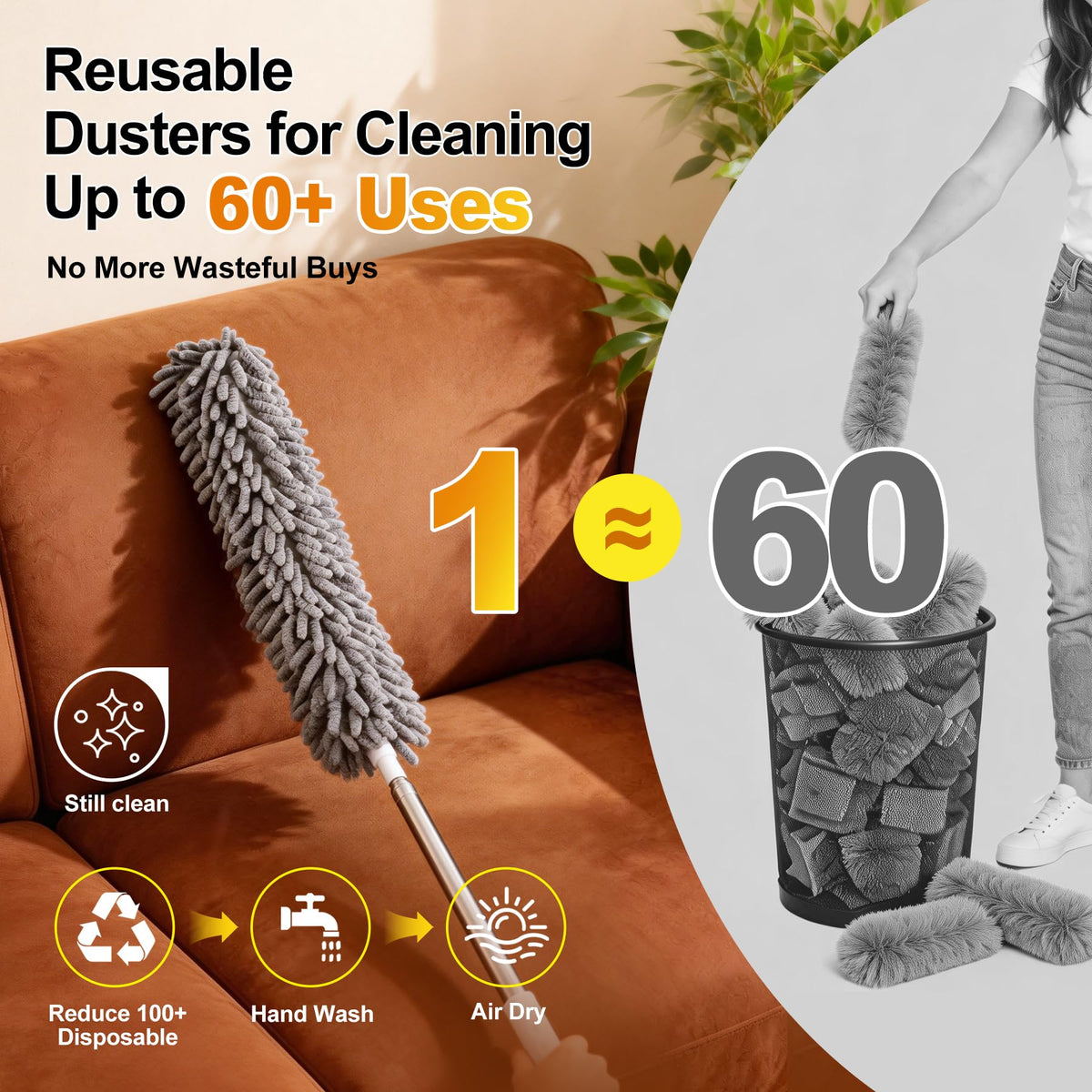 Tiumso Microfiber Feather Duster 5-in-1 Kit, Dusters for Cleaning, Duster with Extension Pole 100