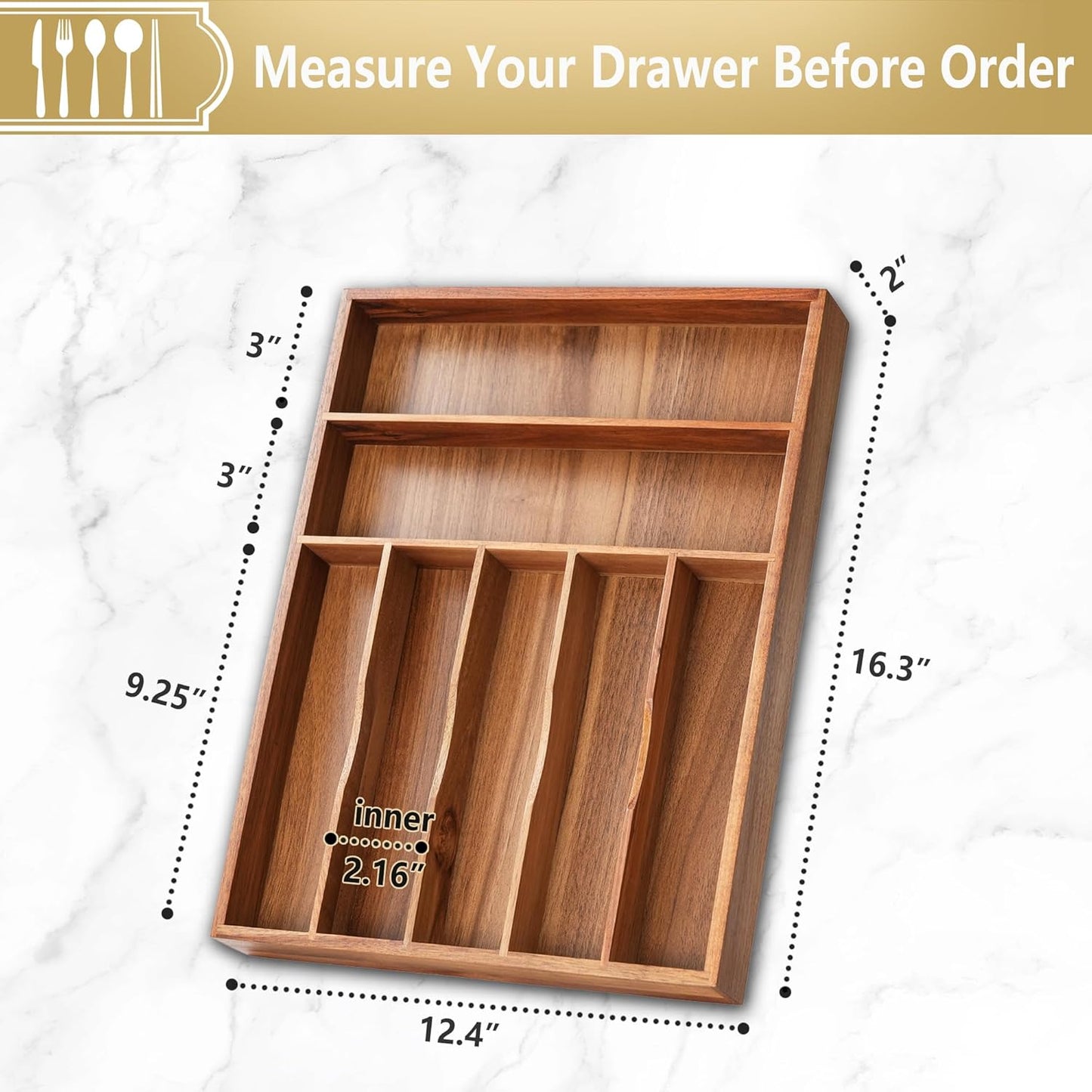 Silverware Organizer, 12.5 Inch Utensil Organizer Kitchen Drawer Organizer Acacia Silverware Holder