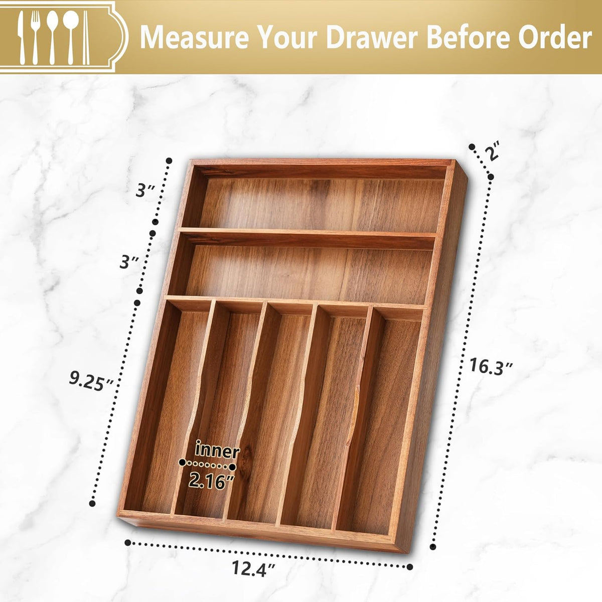 Silverware Organizer, 12.5 Inch Utensil Organizer Kitchen Drawer Organizer Acacia Silverware Holder