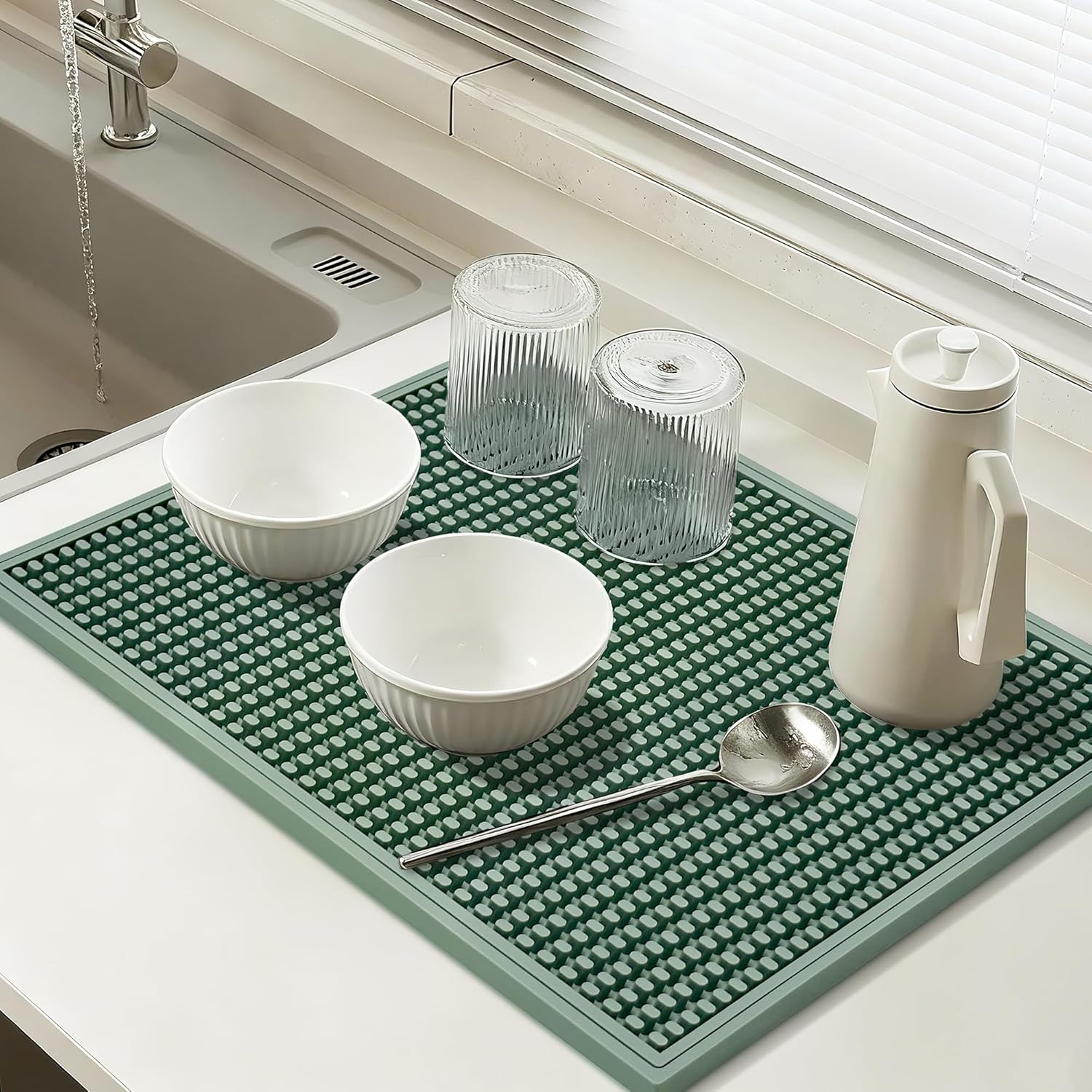 Dish Drying mat - 18" x 12" Green Silicone Drying mat, Kitchen Counter Dish Drying mats,Rubber Dish