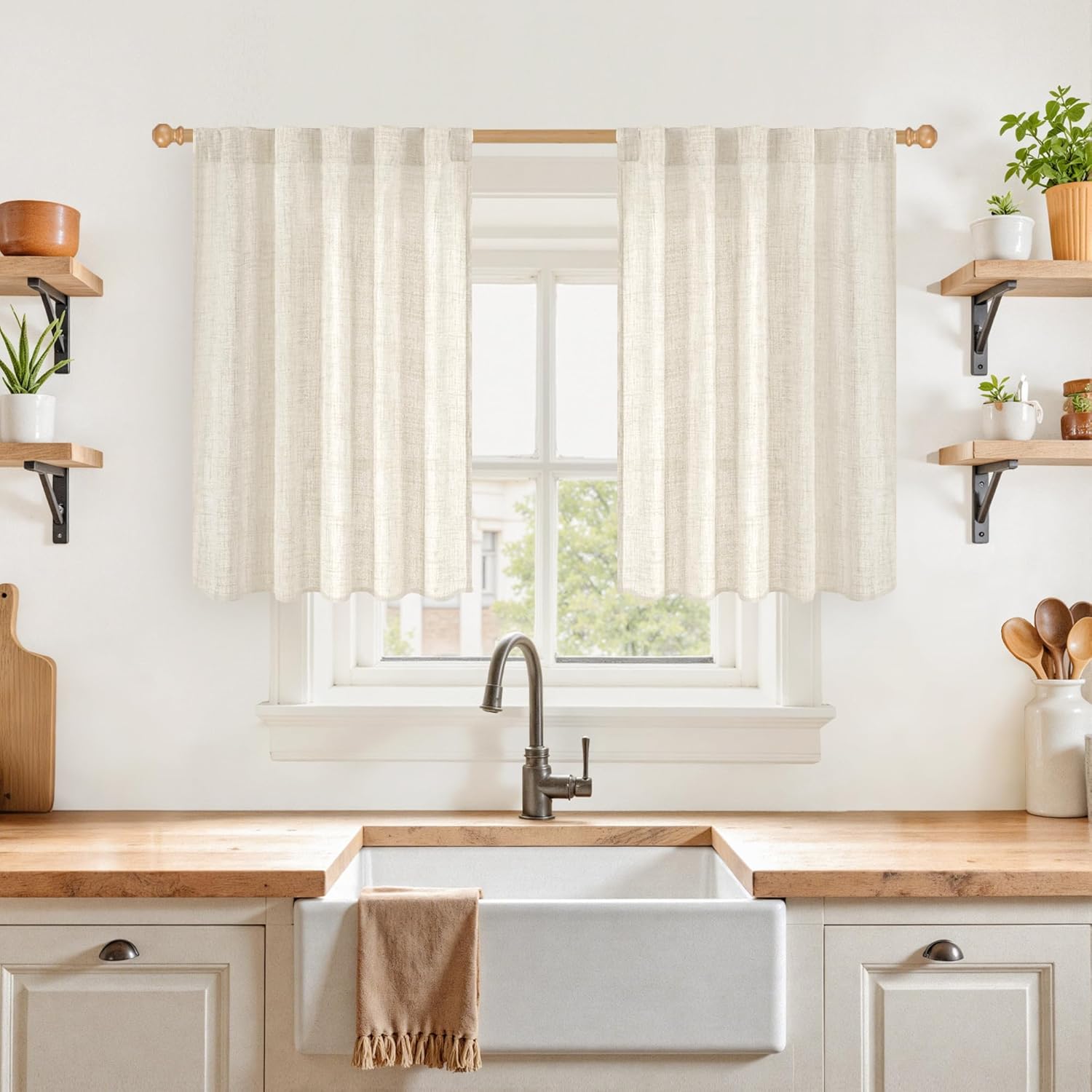 YoungsTex Short Linen Curtains 36 Inch Length for Kitchen Window, Light Filtering Drapes Semi Sheer