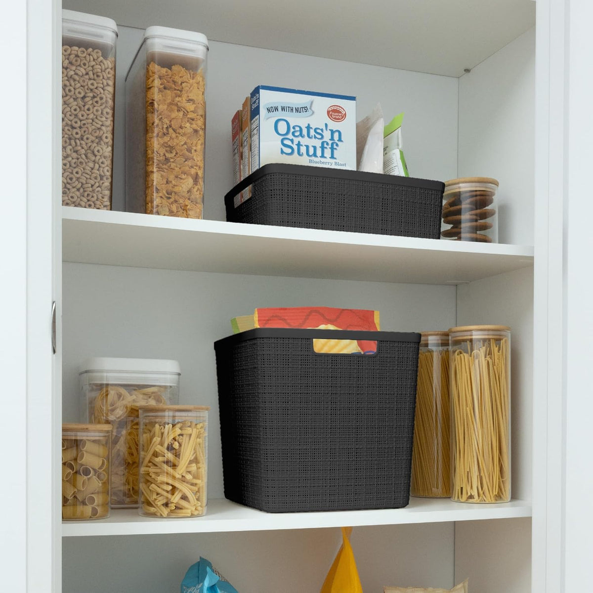 Curver Set of 4 Jute Large Cube Decorative Plastic Organization and Storage Baskets, Perfect Bins