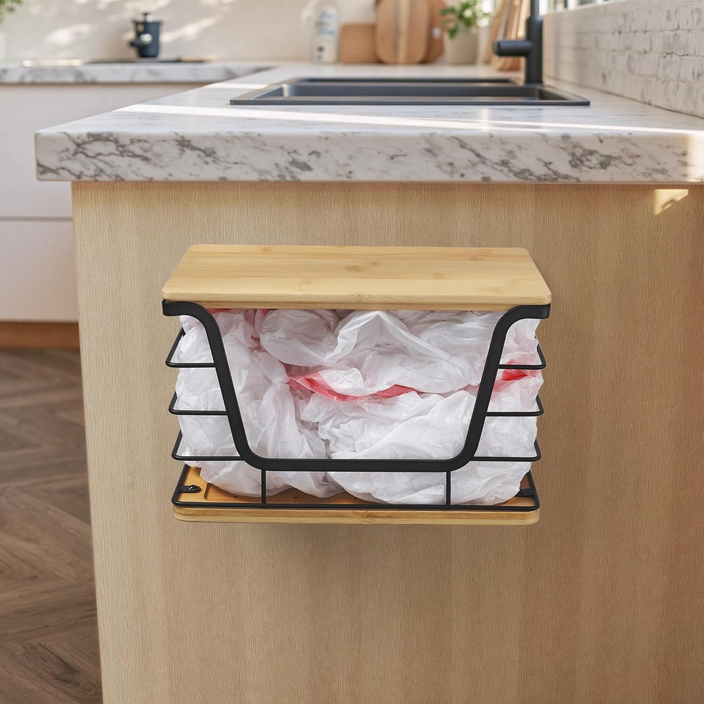 ALOCEO Extra Large Trash Bag Dispenser With Bamboo Top, Stainless Steel Stackable Garbage Bag
