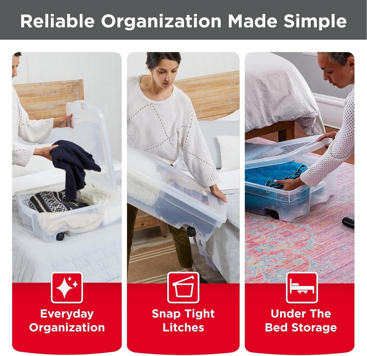 Rubbermaid 70 Quart Under the Bed Low Profile Storage Boxes with Dual Hinged Lids and Easy Rolling