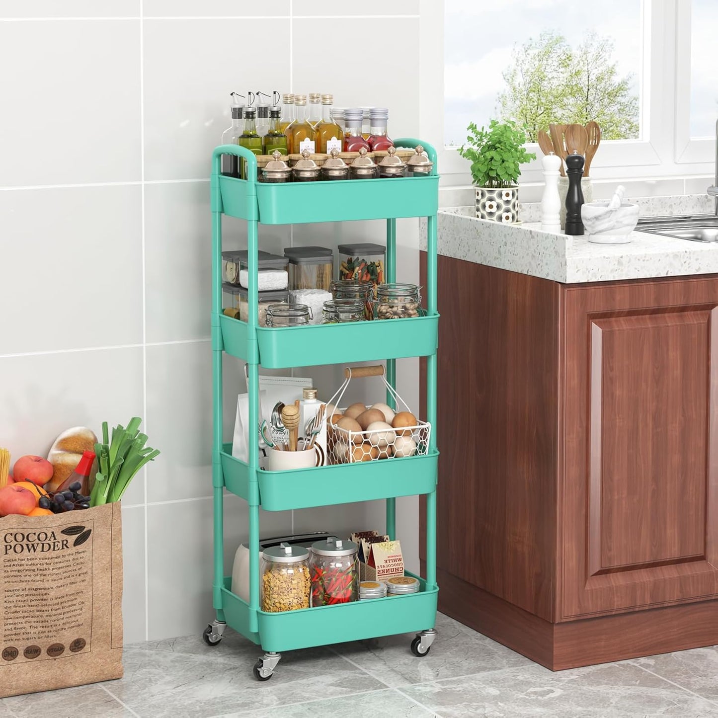 Sywhitta 4-Tier Plastic Rolling Utility Cart with Handle, Multi-Functional Storage Trolley for