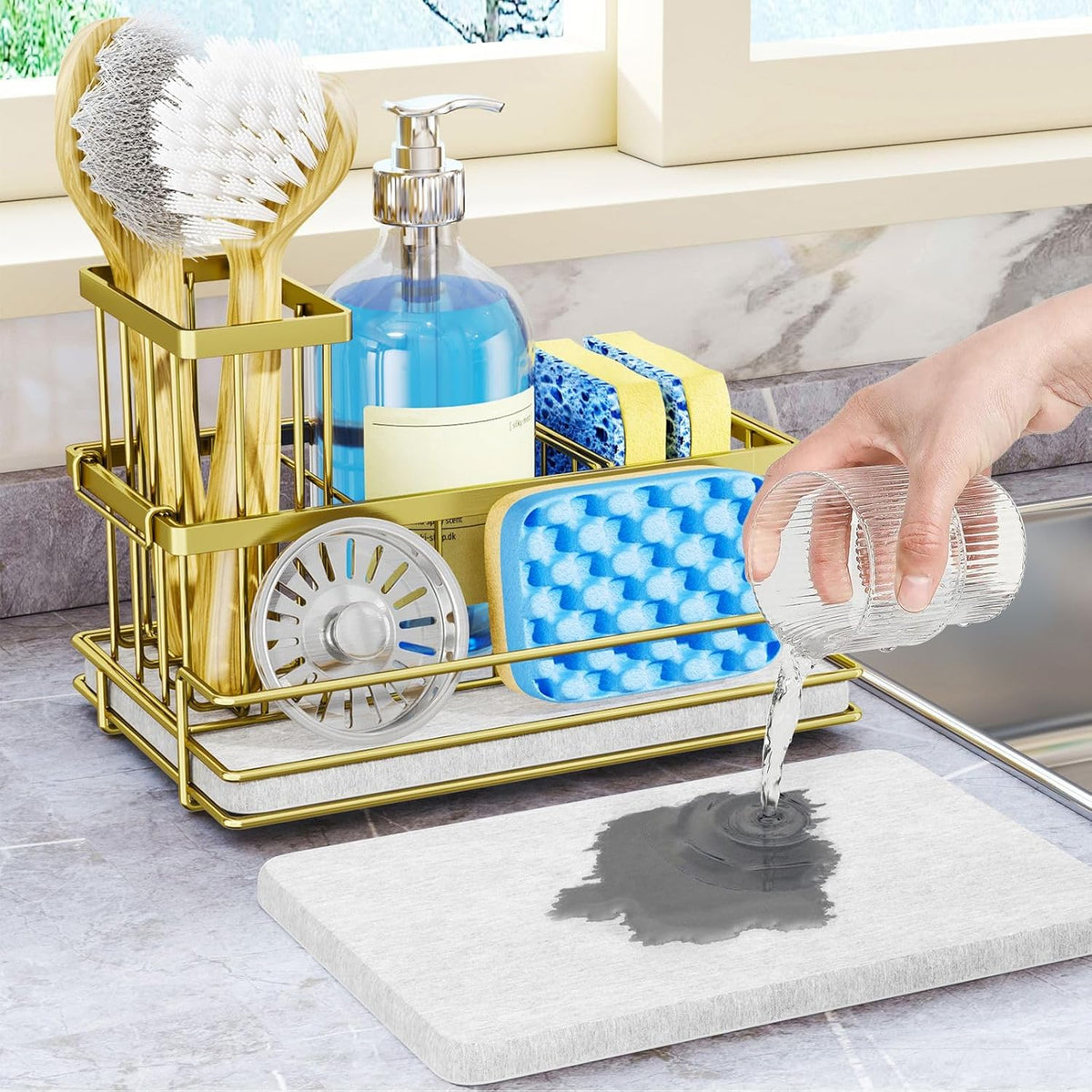 HapiRm Sink Caddy Sponge Holder - Kitchen Sink Organizer with Instant Drying Stone and Brush