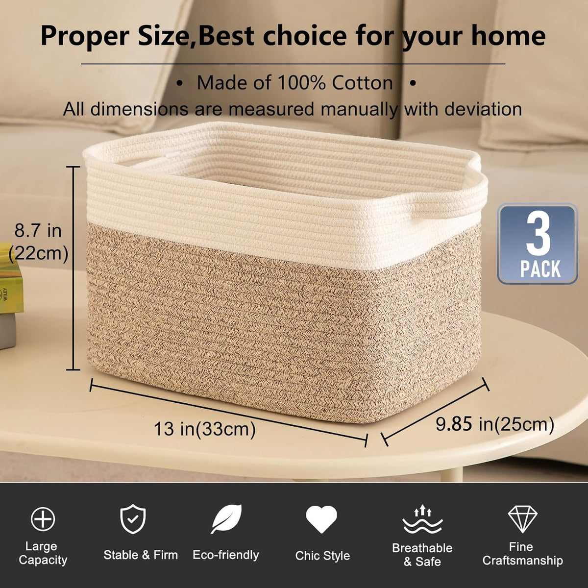 OIAHOMY 3 Pack Storage Baskets for Organizing, 13''X9.85''X8.7'' Storage Bins,Woven Basket with