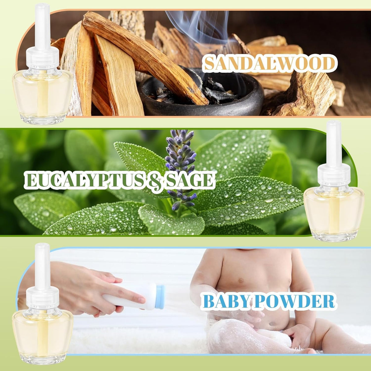 Plug-In Air Freshener Refills 12 Count - Palo Santo & Eucalyptus, Baby Powder Scent For Rooms &