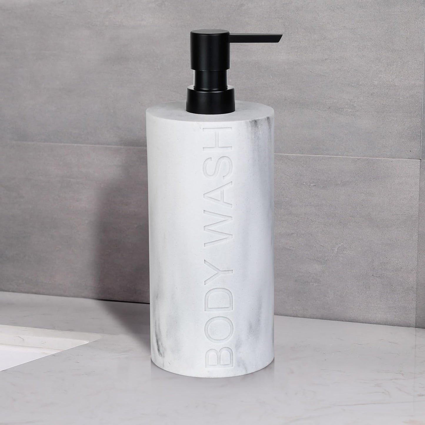White Body Wash Dispenser Luxurious Refillable Pump Bottle with Embossed Text, Durable Construction
