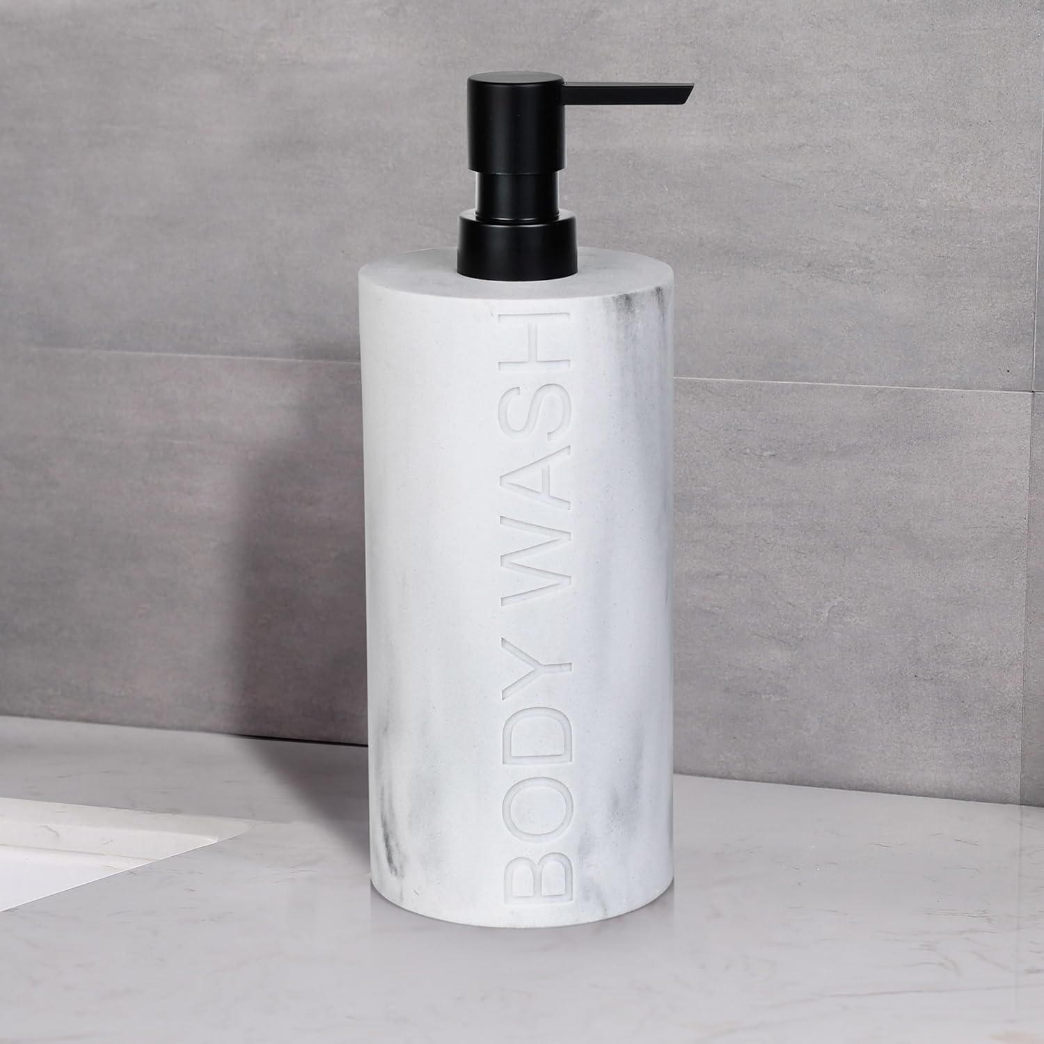 White Body Wash Dispenser Luxurious Refillable Pump Bottle with Embossed Text, Durable Construction