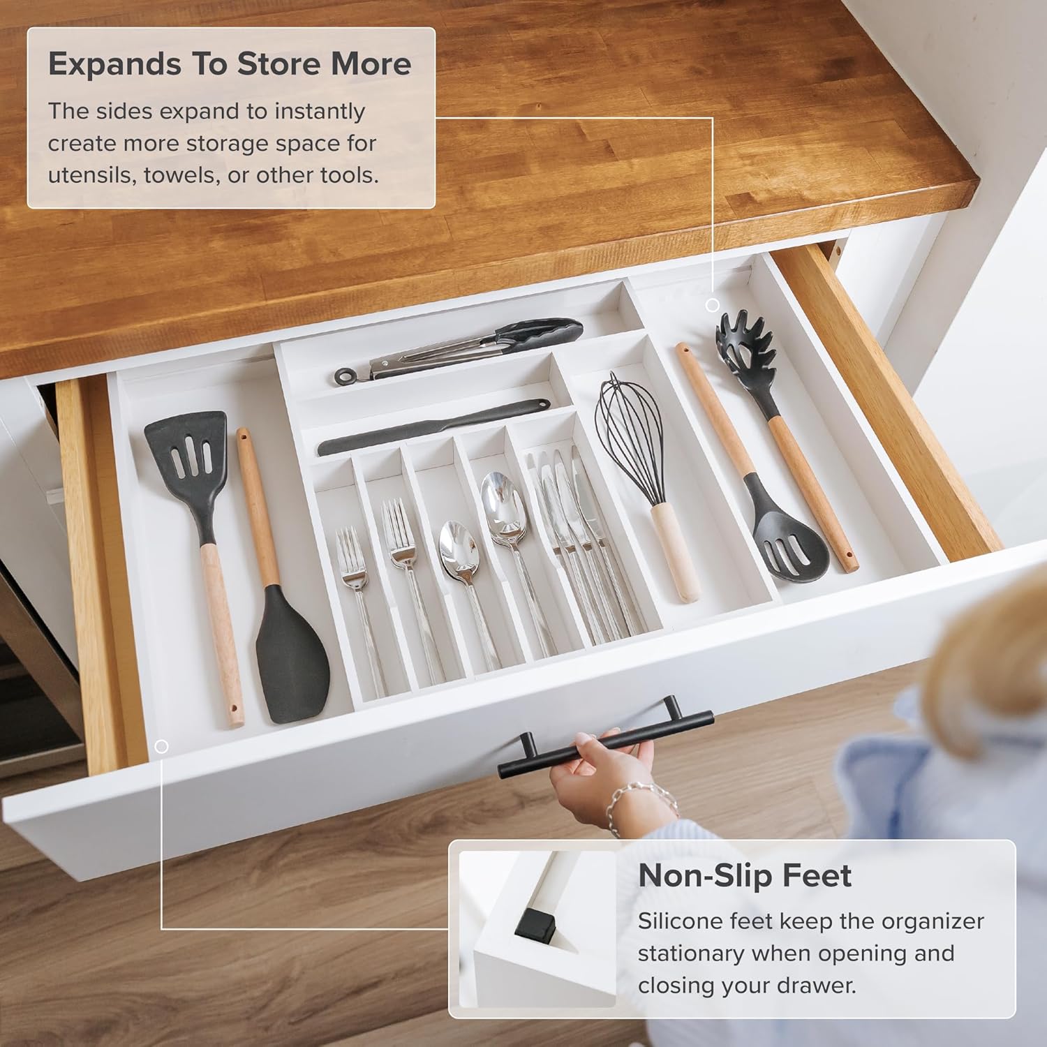 KitchenEdge Premium Silverware, Flatware and Utensil Organizer for Kitchen Drawers, Food-Safe