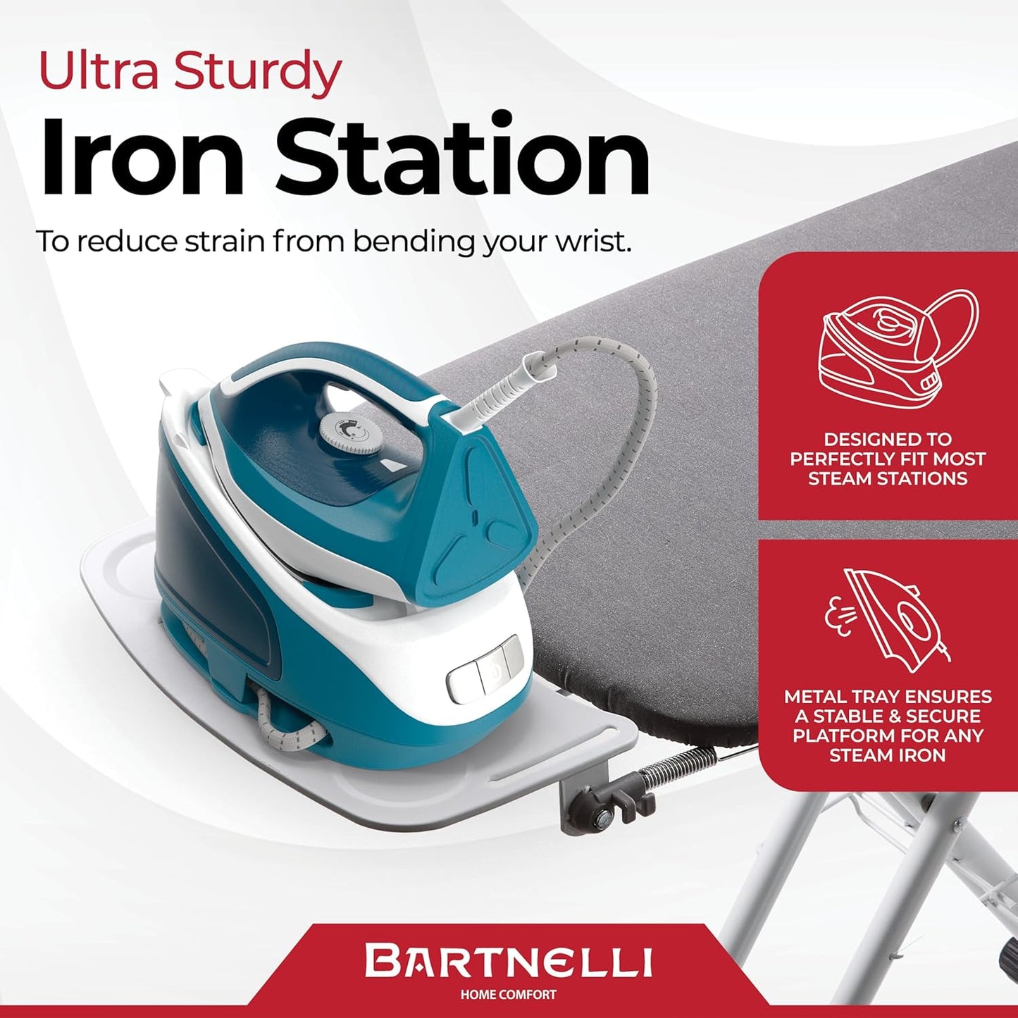 Bartnelli Extra Wide Pro Ironing Board 19x48 Ironing Surface with Iron Rest, Cord Holder, Shelf and